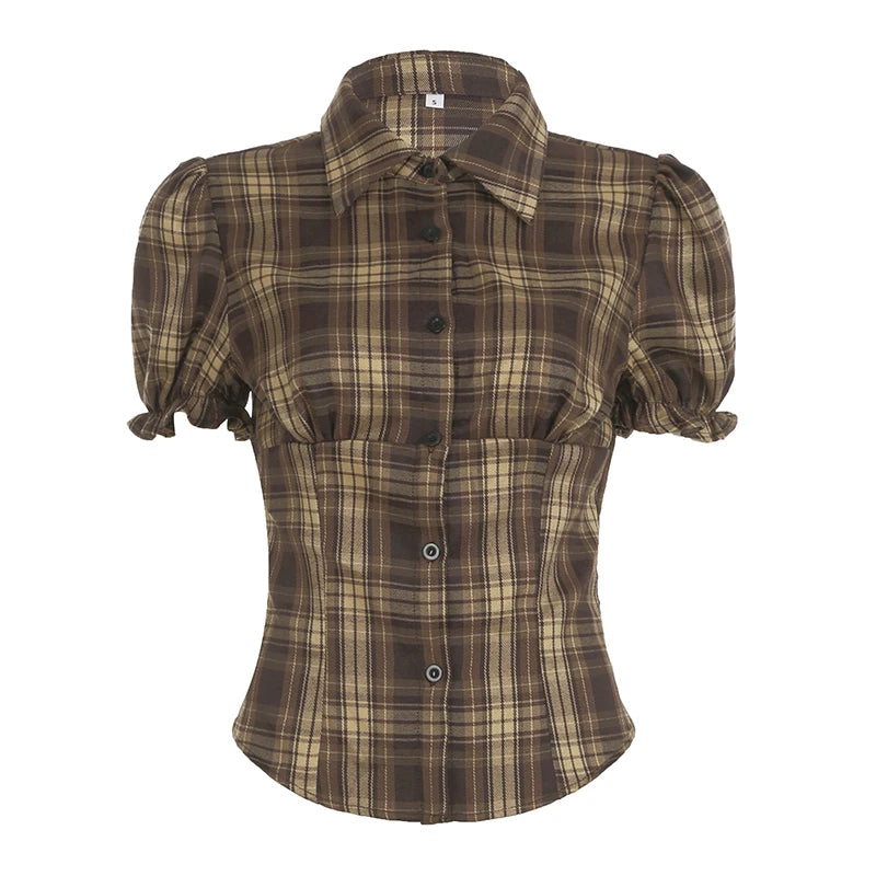 New Style Trends - Retro Puff Sleeve Plaid Cinch Shirt - Outfit Ideas