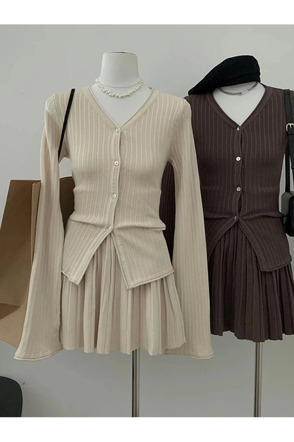 New Style Trends - Retro Ribbed Cardigan and Pleated Skirt Outfit Set - Outfit Ideas