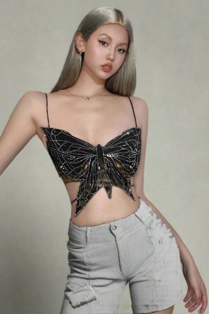 New Style Trends - Rhinestone Butterfly Strapless Edgy Crop Top - Outfit Ideas