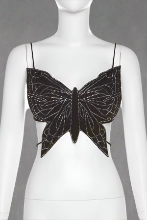 New Style Trends - Rhinestone Butterfly Strapless Edgy Crop Top - Outfit Ideas
