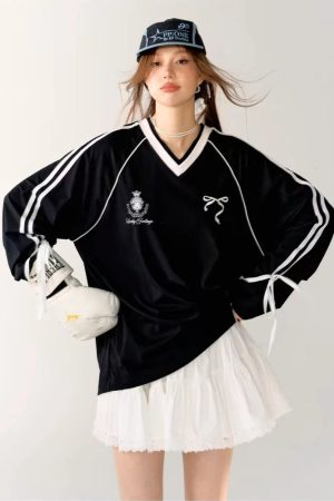 New Style Trends - Ribbon Play Aesthetic Oversized Jersey Top - Outfit Ideas