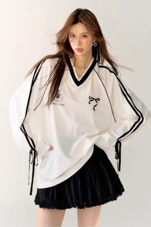 New Style Trends - Ribbon Play Aesthetic Oversized Jersey Top - Outfit Ideas