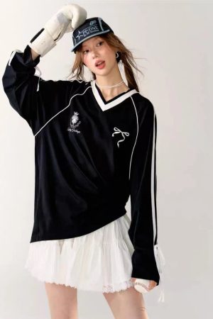 New Style Trends - Ribbon Play Aesthetic Oversized Jersey Top - Outfit Ideas