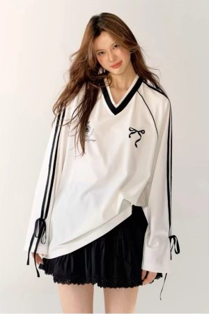 New Style Trends - Ribbon Play Aesthetic Oversized Jersey Top - Outfit Ideas