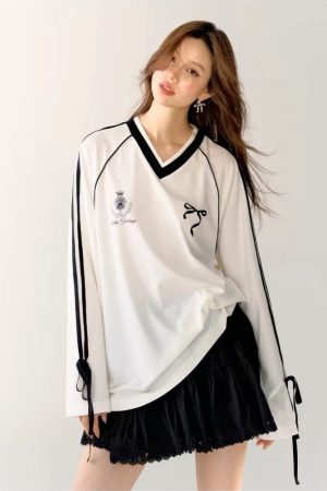 New Style Trends - Ribbon Play Aesthetic Oversized Jersey Top - Outfit Ideas