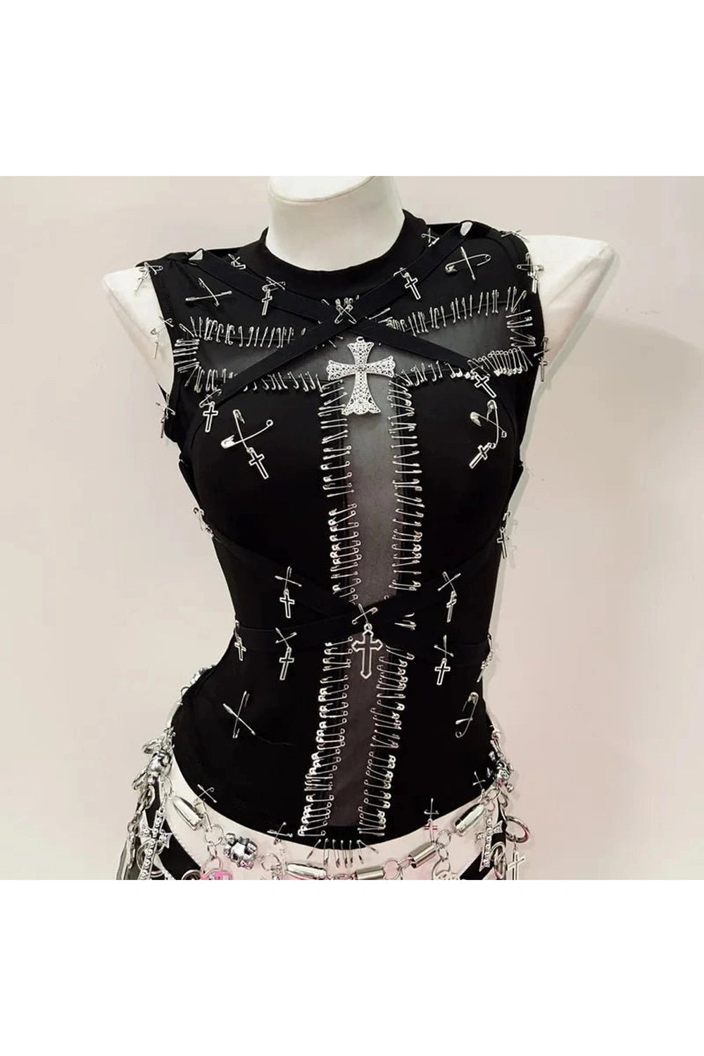 New Style Trends - Safety Pin Cross Alt Punk Top - Outfit Ideas