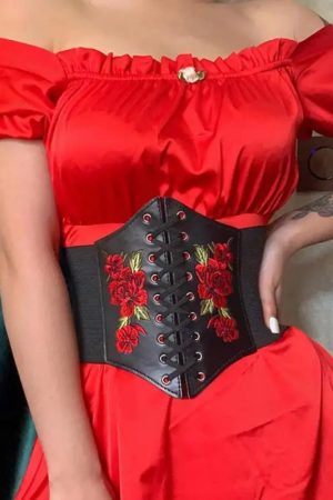 New Style Trends - Scarlet Bloom Embroidered Corset Goth Belt - Outfit Ideas
