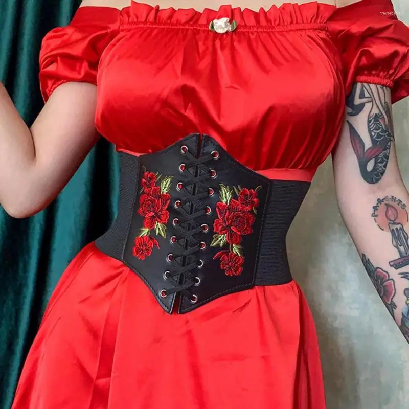 New Style Trends - Scarlet Bloom Embroidered Corset Goth Belt - Outfit Ideas