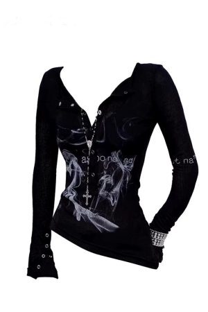 New Style Trends - Smoke Print Alt Goth Long Sleeve Top - Outfit Ideas