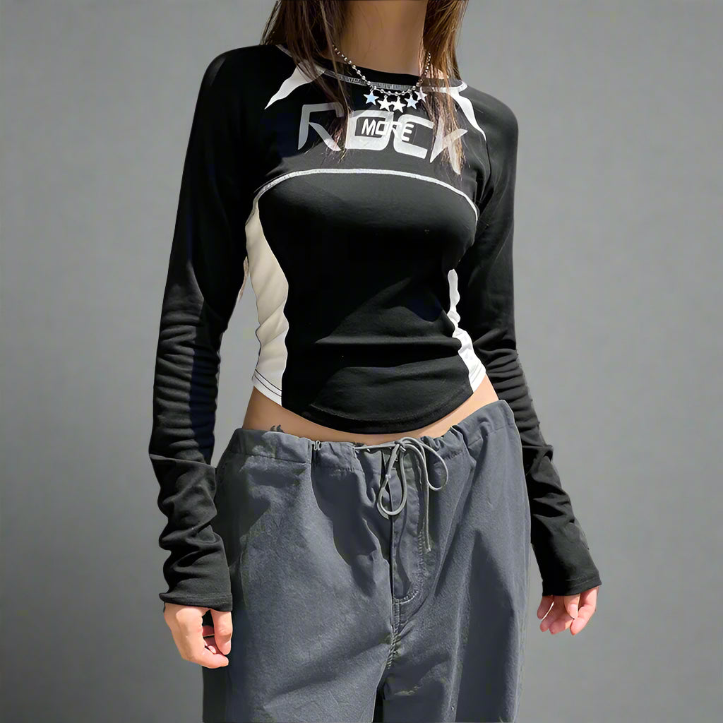 New Style Trends - Speedcore Contrast Stitch Y2k Long Sleeve Top - Outfit Ideas