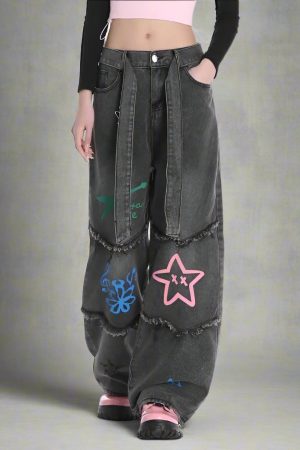 New Style Trends - Starlit Chaos Patchwork Y2k Jeans - Outfit Ideas