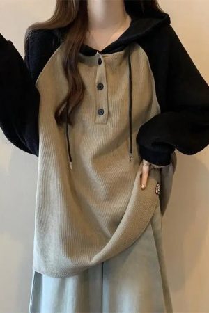 New Style Trends - Two-Tone Button-Up Retro Hooded Sweatshirt - Outfit Ideas