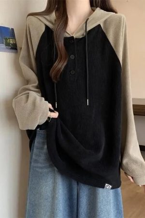 New Style Trends - Two-Tone Button-Up Retro Hooded Sweatshirt - Outfit Ideas
