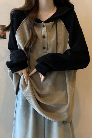 New Style Trends - Two-Tone Button-Up Retro Hooded Sweatshirt - Outfit Ideas