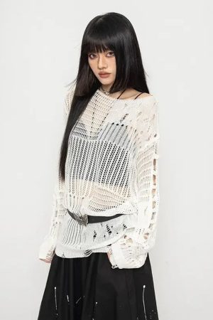 New Style Trends - Void Wings Distressed Alt Mesh Sweater - Outfit Ideas
