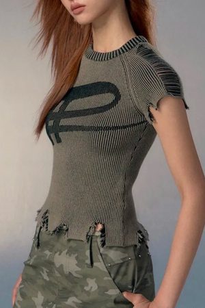 New Style Trends - Worn Out Logo Y2k Knit Top - Outfit Ideas