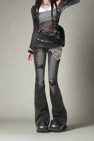 New Style Trends - Y2k Butterfly Distressed Flare Jeans - Outfit Ideas
