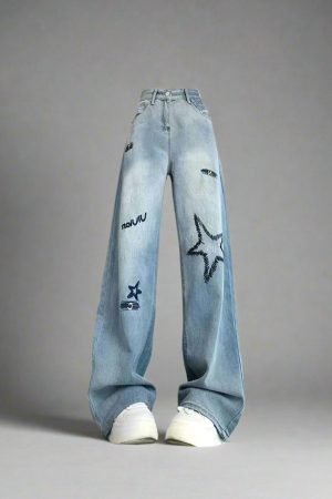 New Style Trends - Y2k Cosmic Embroidered Wide-Leg Jeans - Outfit Ideas
