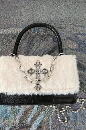 New Style Trends - Y2k Cross Faux Fur Shoulder Bag - Outfit Ideas