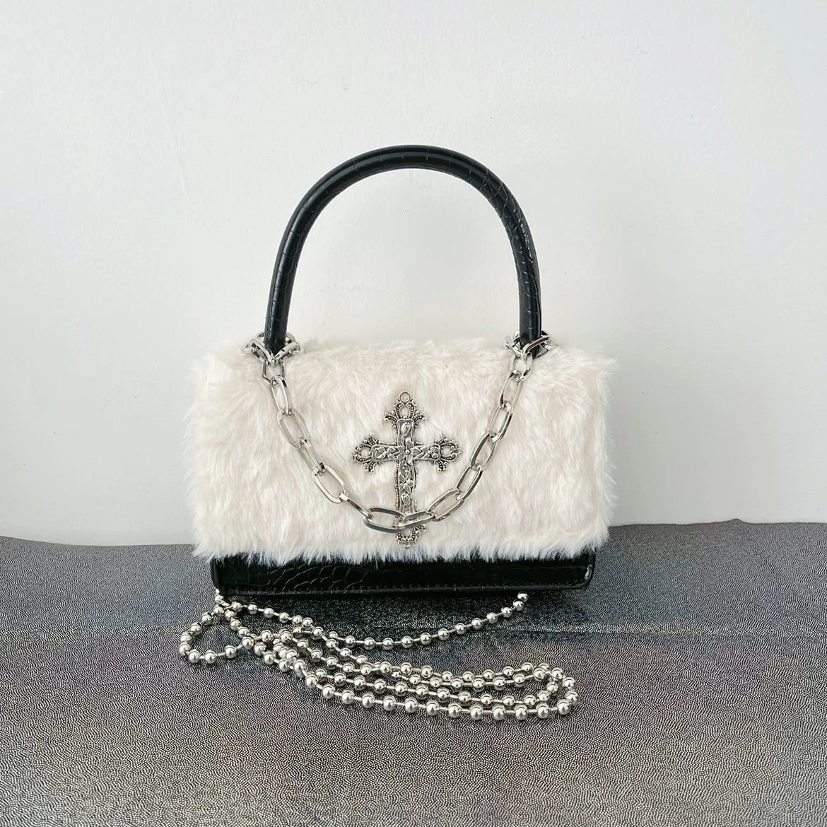 New Style Trends - Y2k Cross Faux Fur Shoulder Bag - Outfit Ideas