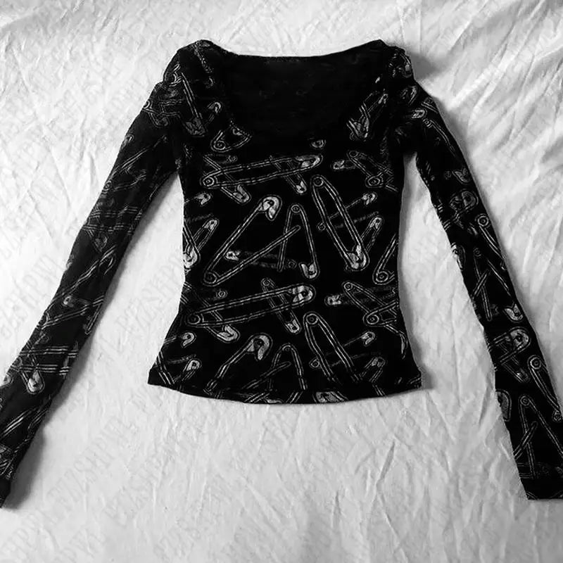New Style Trends - Y2k Edgy Safety Pin Long Sleeve Top - Outfit Ideas