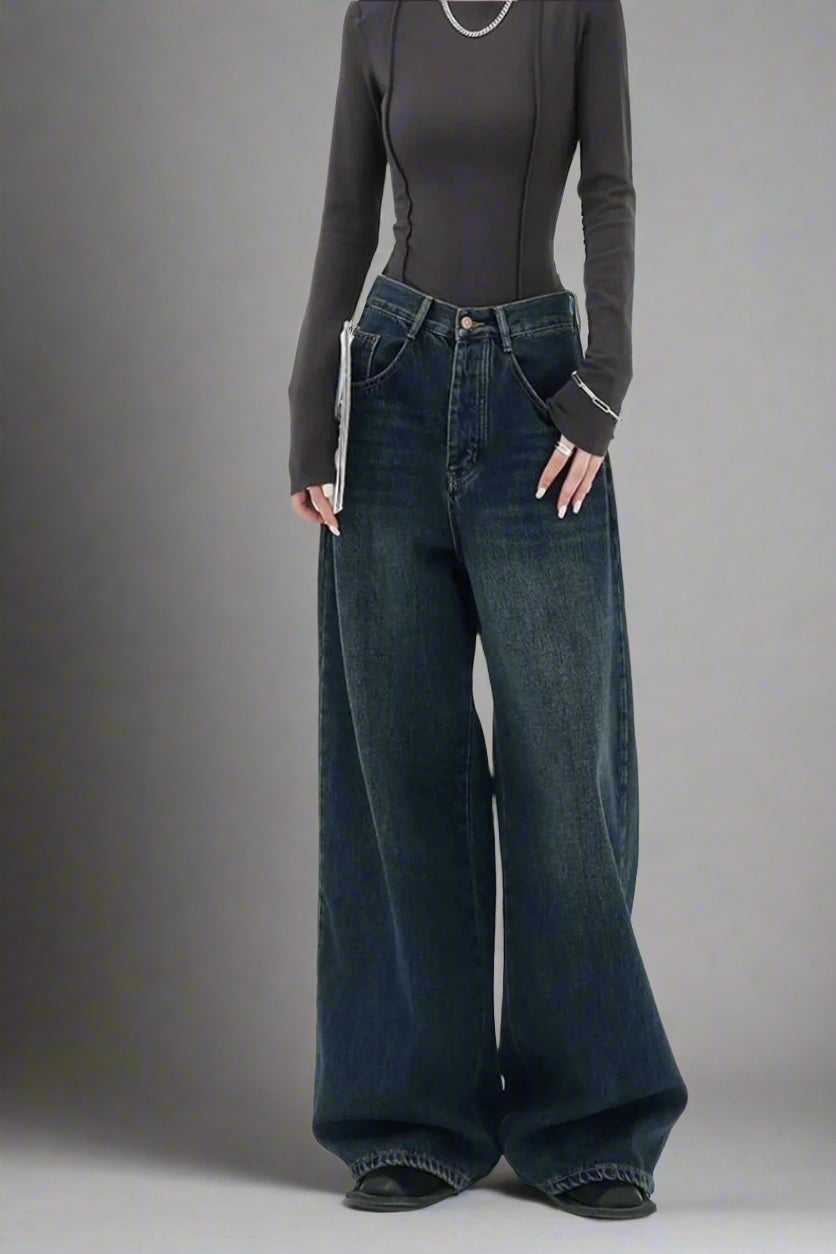 New Style Trends - Y2k Fall Oversized Dark Wash Wide-Leg Jeans - Outfit Ideas