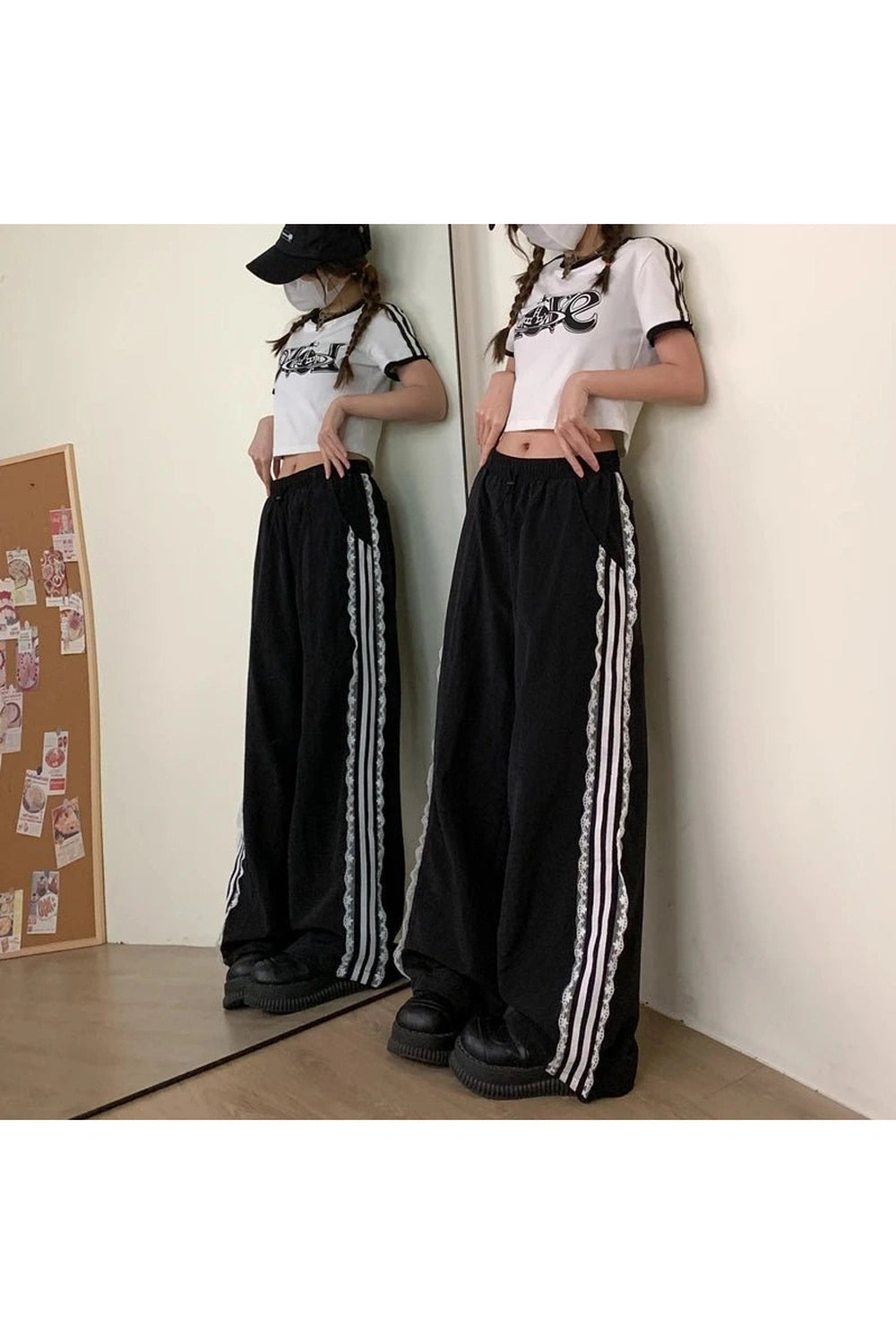 New Style Trends - Y2k Lace-Trim Striped Wide-Leg Pants - Outfit Ideas