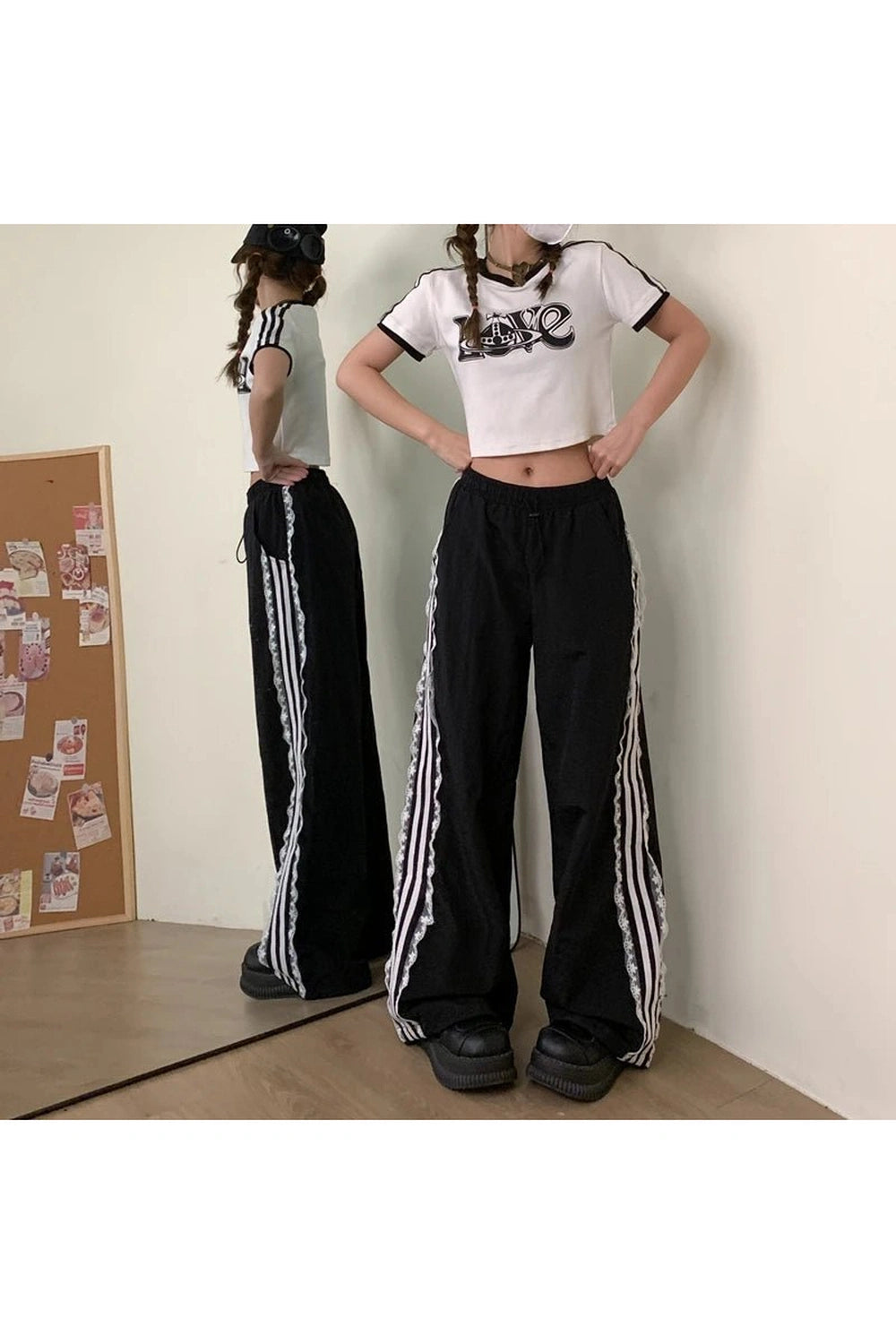 New Style Trends - Y2k Lace-Trim Striped Wide-Leg Pants - Outfit Ideas New Style Trends - Y2k Lace-Trim Striped Wide-Leg Pants - Outfit Ideas