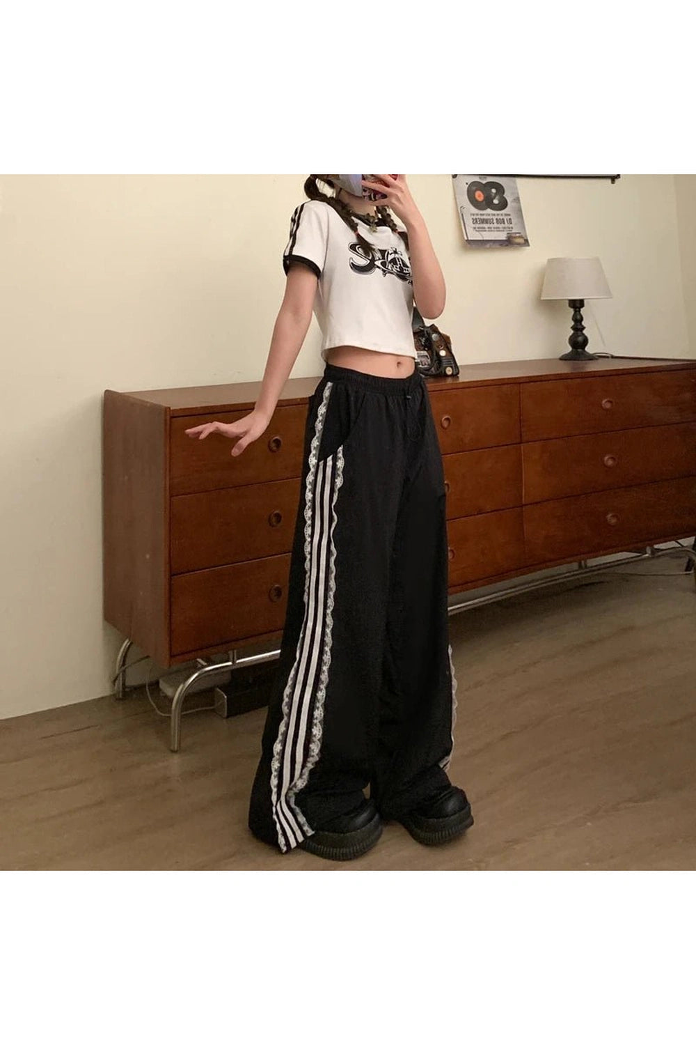New Style Trends - Y2k Lace-Trim Striped Wide-Leg Pants - Outfit Ideas