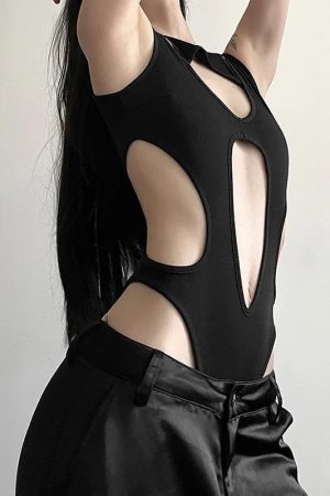 New Style Trends - Y2k Obsidian Cutout Bodysuit - Outfit Ideas