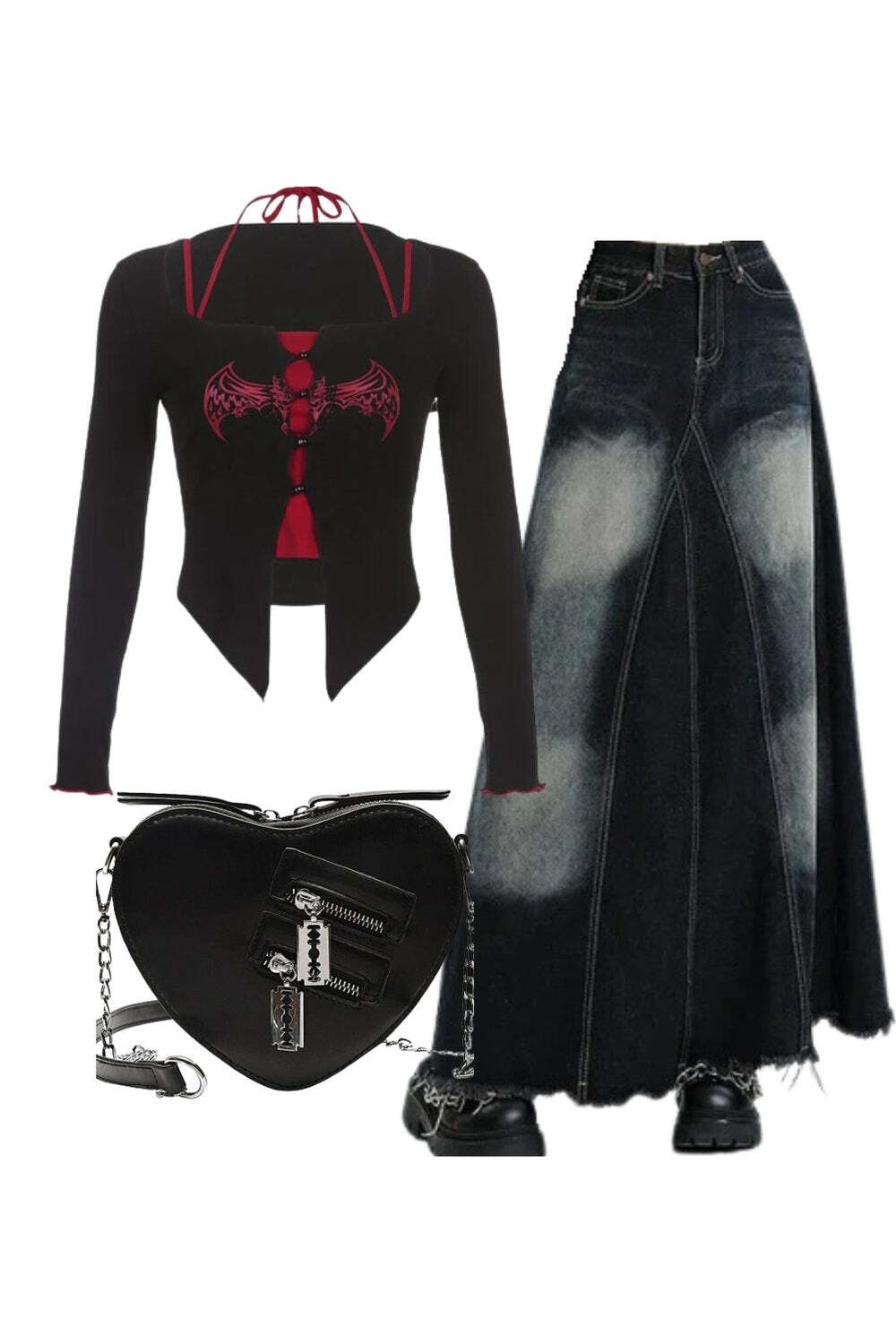 New Style Trends - Y2k Outfit: Alt Goth Graphic Print T-shirt+Faded Black Maxi Denim Skirt+Punk Heart Blade Zipper Chain Bag - Outfit Ideas