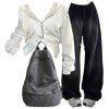 New Style Trends - Y2k Outfit: Baggy Y2K Grunge Sweatpants+Korean Y2K White Zip Hoodie+Urban Ash Backpack - Outfit Ideas