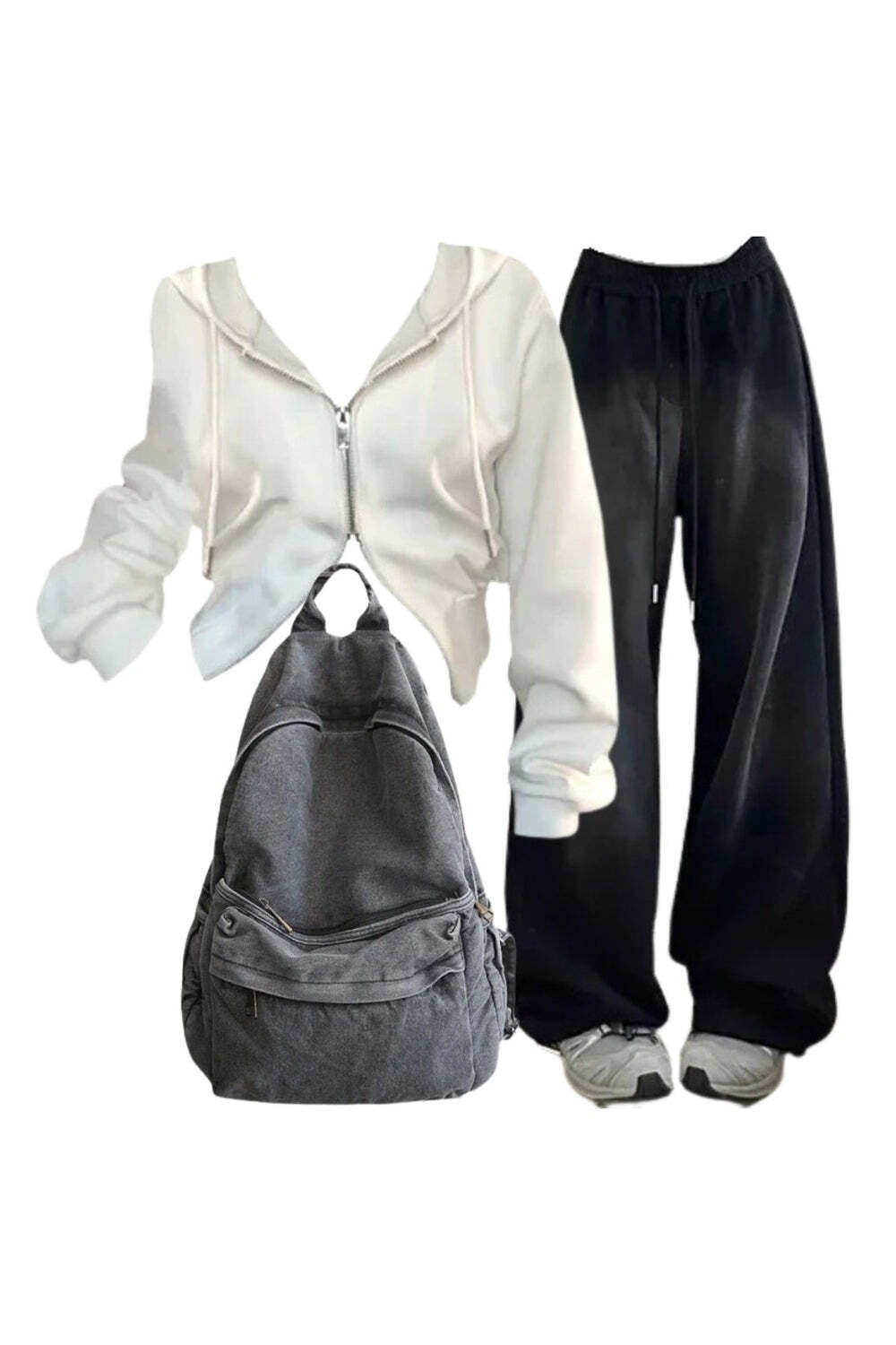 New Style Trends - Y2k Outfit: Baggy Y2K Grunge Sweatpants+Korean Y2K White Zip Hoodie+Urban Ash Backpack - Outfit Ideas