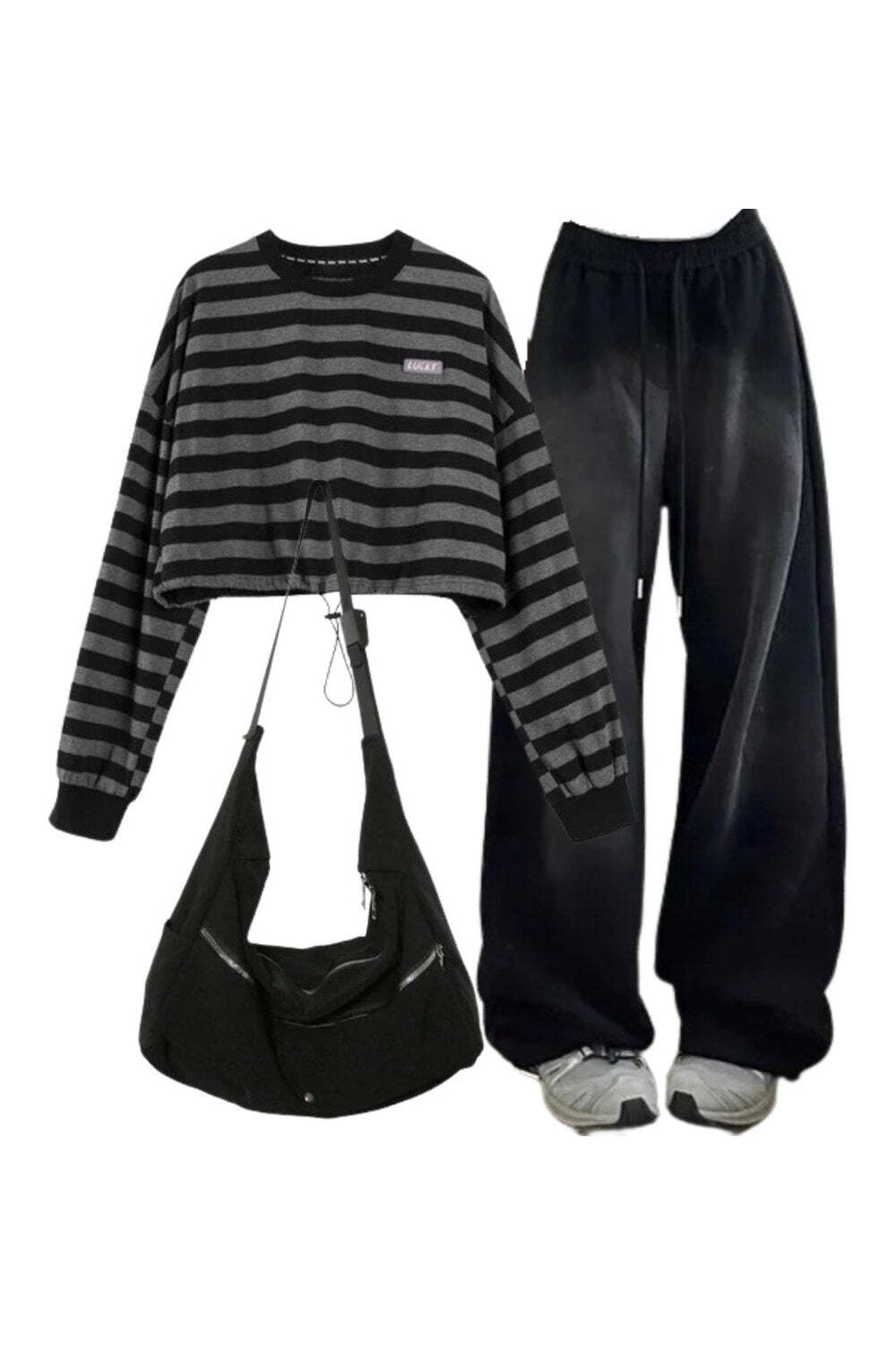 New Style Trends - Y2k Outfit: Baggy Y2K Grunge Sweatpants+Striped Drawstring Women's Sweatshirt+High Quality Nylon Shoulder Bag - Outfit Ideas