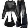 New Style Trends - Y2k Outfit: Distressed Retro Wide-Leg Jeans+Striped Drawstring Women's Sweatshirt+High Quality Nylon Shoulder Bag - Outfit Ideas
