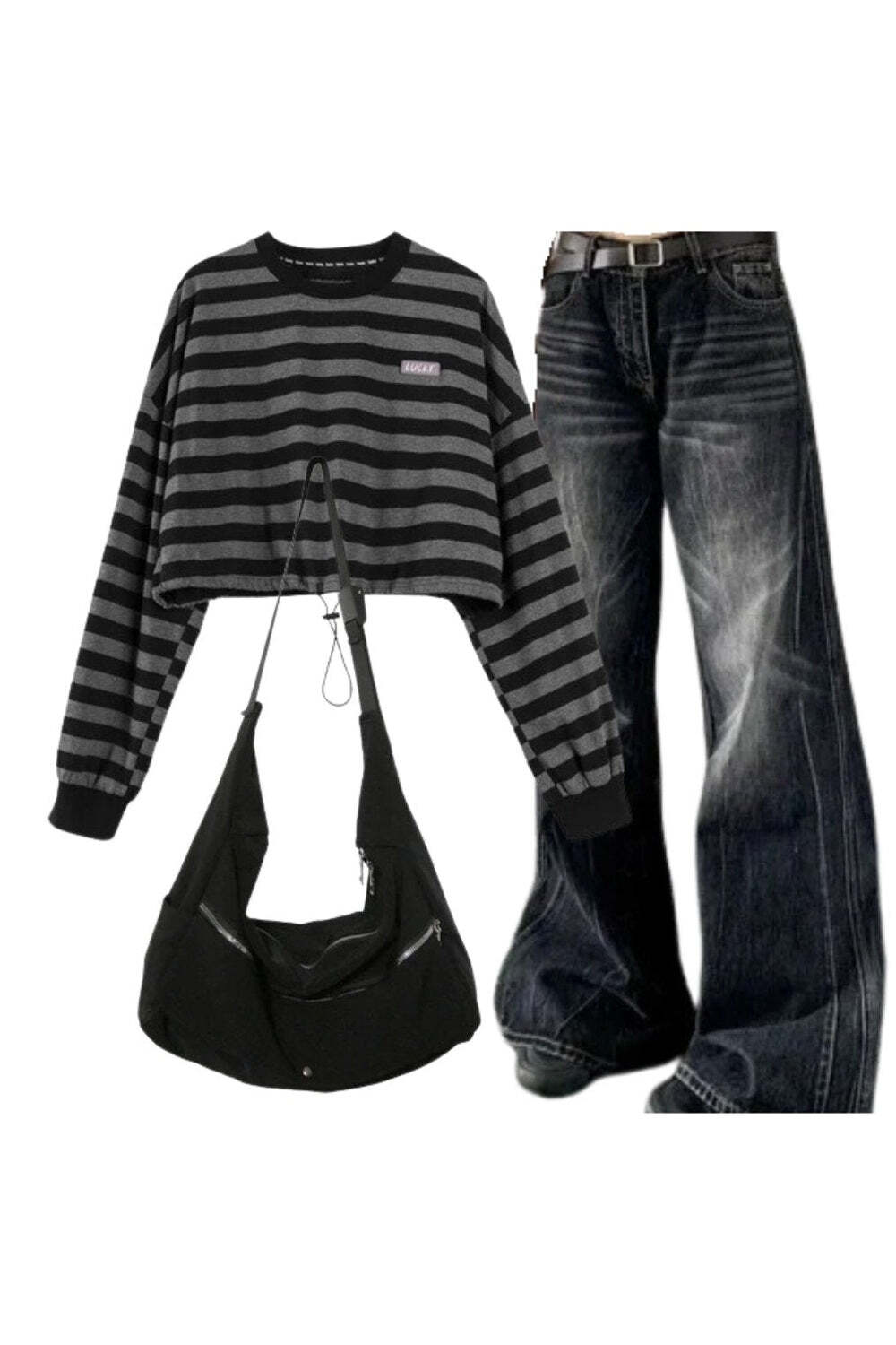 New Style Trends - Y2k Outfit: Distressed Retro Wide-Leg Jeans+Striped Drawstring Women's Sweatshirt+High Quality Nylon Shoulder Bag - Outfit Ideas