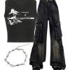New Style Trends - Y2k Outfit: Gothic Cargo Flare Jeans+Distressed Graphic Ribbed Top+Twisted Elegance Bracelet - Outfit Ideas