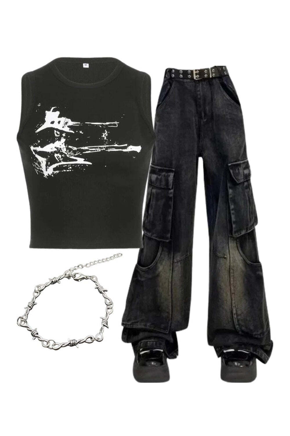 New Style Trends - Y2k Outfit: Gothic Cargo Flare Jeans+Distressed Graphic Ribbed Top+Twisted Elegance Bracelet - Outfit Ideas