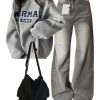 New Style Trends - Y2k Outfit: Korean Baggy Denim Pants+Oversized Normal Graphic Sweatshirt+Large Capacity Solid Black Shoulder Bag - Outfit Ideas
