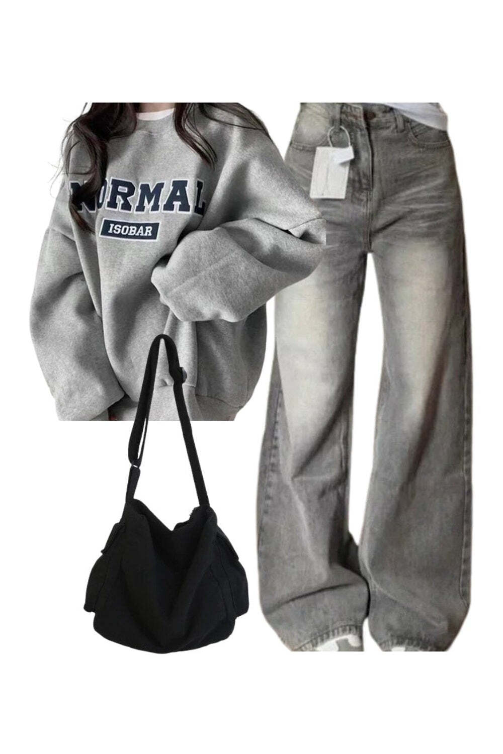 New Style Trends - Y2k Outfit: Korean Baggy Denim Pants+Oversized Normal Graphic Sweatshirt+Large Capacity Solid Black Shoulder Bag - Outfit Ideas