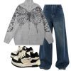 New Style Trends - Y2k Outfit: Oversized Dark Wash Wide-Leg Jeans+Oversized Butterfly Grunge Sweater+Pastel Dream Wave Sneakers - Outfit Ideas