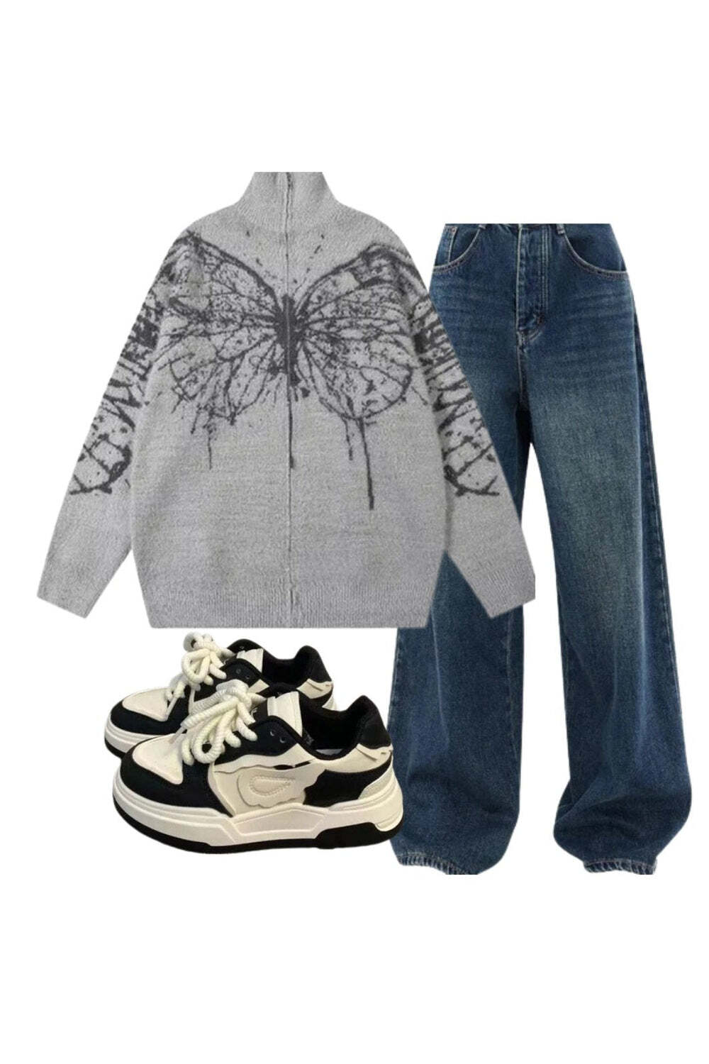 New Style Trends - Y2k Outfit: Oversized Dark Wash Wide-Leg Jeans+Oversized Butterfly Grunge Sweater+Pastel Dream Wave Sneakers - Outfit Ideas