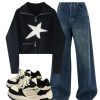 New Style Trends - Y2k Outfit: Oversized Dark Wash Wide-Leg Jeans+Star Zip-Up Fuzzy Sweater+Pastel Dream Wave Sneakers - Outfit Ideas