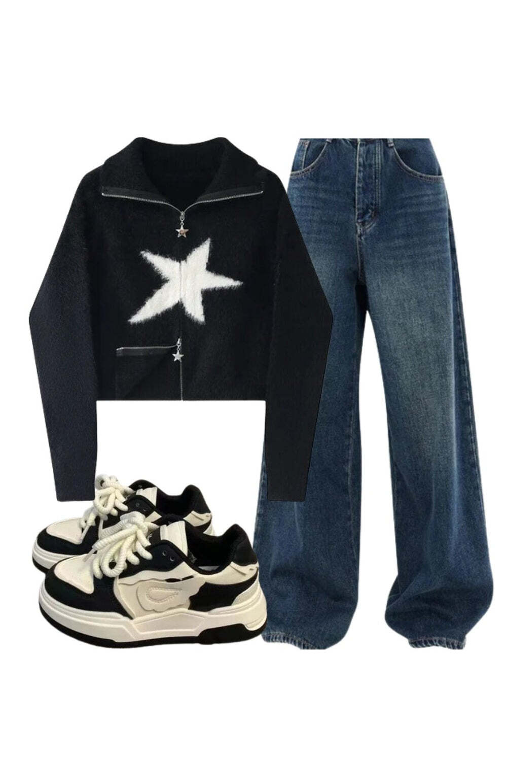 New Style Trends - Y2k Outfit: Oversized Dark Wash Wide-Leg Jeans+Star Zip-Up Fuzzy Sweater+Pastel Dream Wave Sneakers - Outfit Ideas