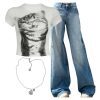 New Style Trends - Y2k Outfit: Pixelated Cat Graphic Crop Top+Light Wash Wide-Leg Denim+Vortex Charm Punk Necklaces - Outfit Ideas