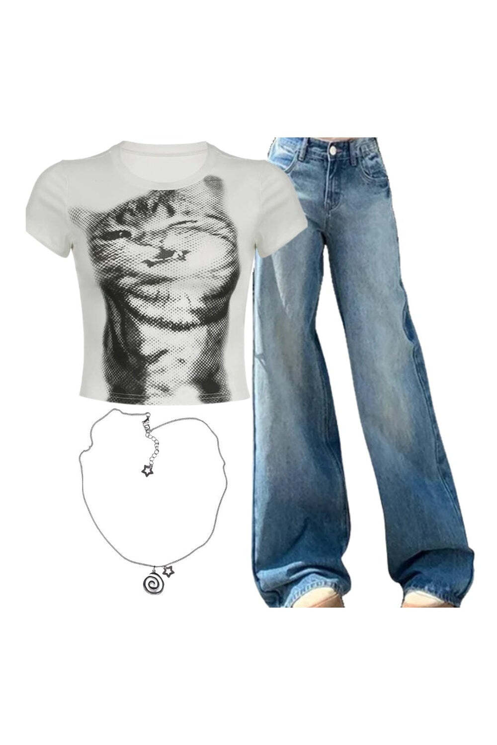 New Style Trends - Y2k Outfit: Pixelated Cat Graphic Crop Top+Light Wash Wide-Leg Denim+Vortex Charm Punk Necklaces - Outfit Ideas