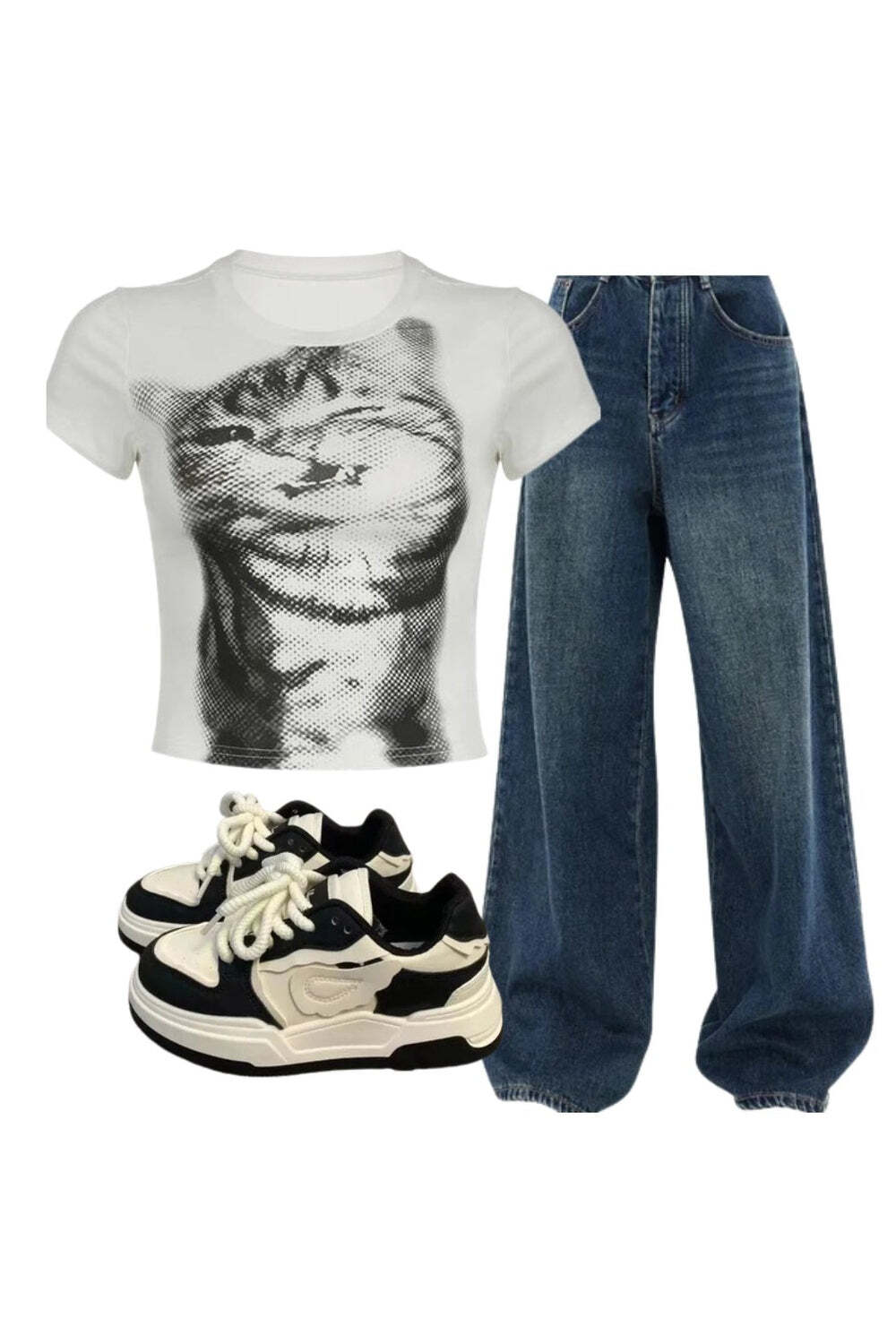 New Style Trends - Y2k Outfit: Pixelated Cat Graphic Crop Top+Oversized Dark Wash Wide-Leg Jeans+Pastel Dream Wave Sneakers - Outfit Ideas