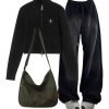 New Style Trends - Y2k Outfit: Ribbed Zip-Up Turtleneck Sweater+Baggy Y2K Grunge Sweatpants+Cotton Large Capacity Shoulder Bag - Outfit Ideas