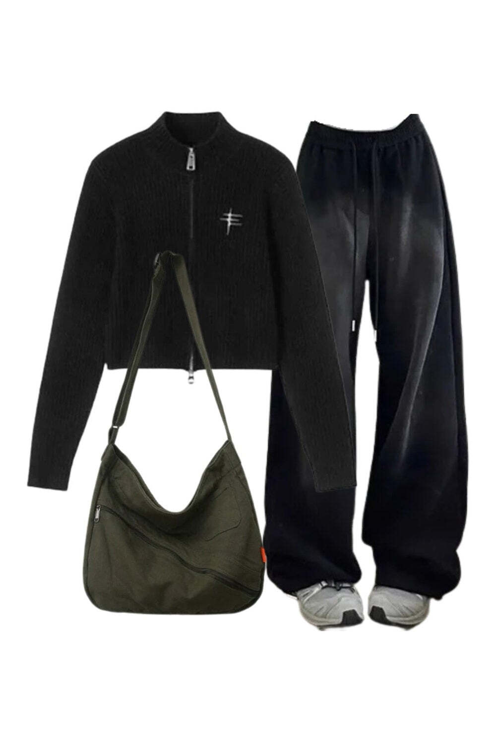 New Style Trends - Y2k Outfit: Ribbed Zip-Up Turtleneck Sweater+Baggy Y2K Grunge Sweatpants+Cotton Large Capacity Shoulder Bag - Outfit Ideas