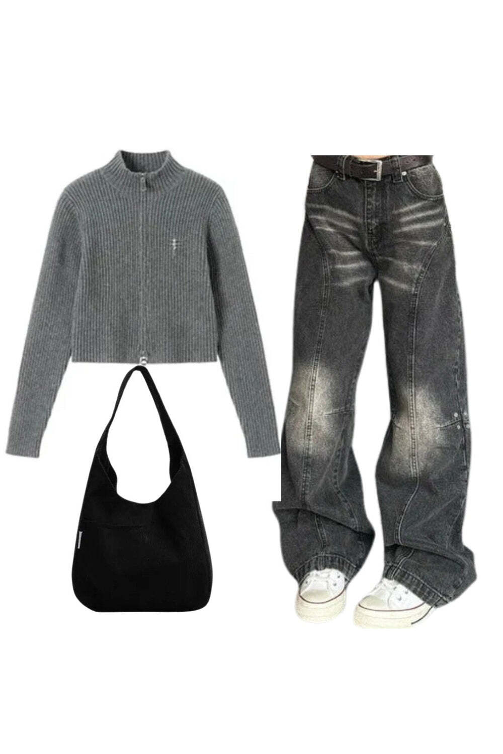 New Style Trends - Y2k Outfit: Ribbed Zip-Up Turtleneck Sweater+Washed Black Wide-Leg Jeans+Canvas Corduroy Large Handbag - Outfit Ideas